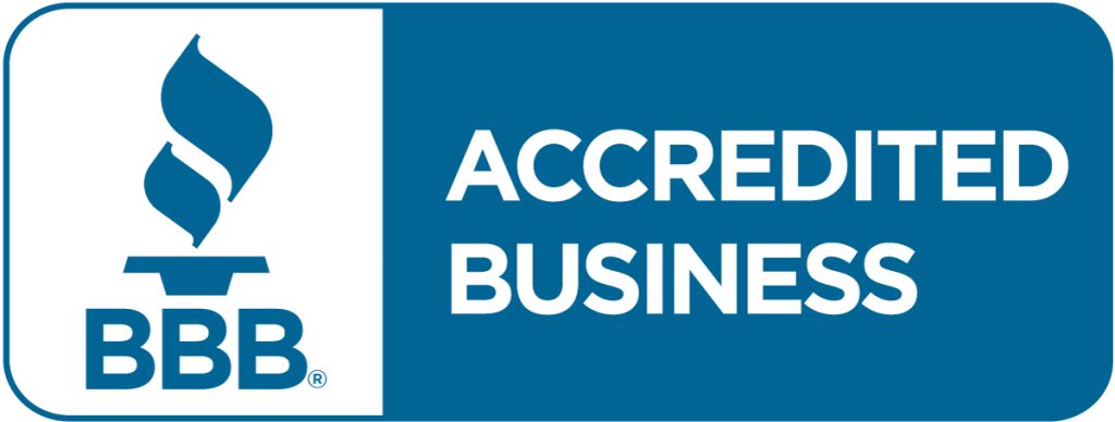 The image shows the Better Business Bureau (BBB) Accredited Business logo, with a blue flame symbol and the words "BBB Accredited Business" in white on a blue background.