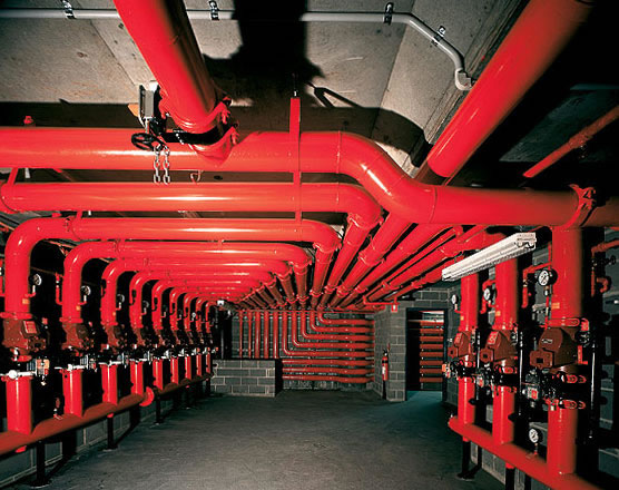 A basement room with numerous large, bright red pipes and valves running along the ceiling and walls, used for building fire sprinkler or plumbing systems. The pipes create a complex, organized grid pattern.