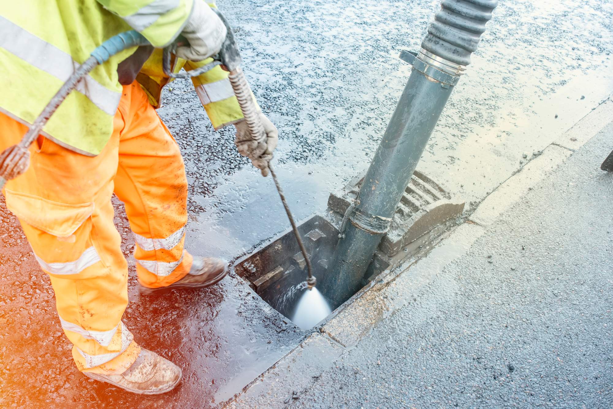 A worker in high-visibility clothing uses a hose to clean a street drain on a wet asphalt surface.