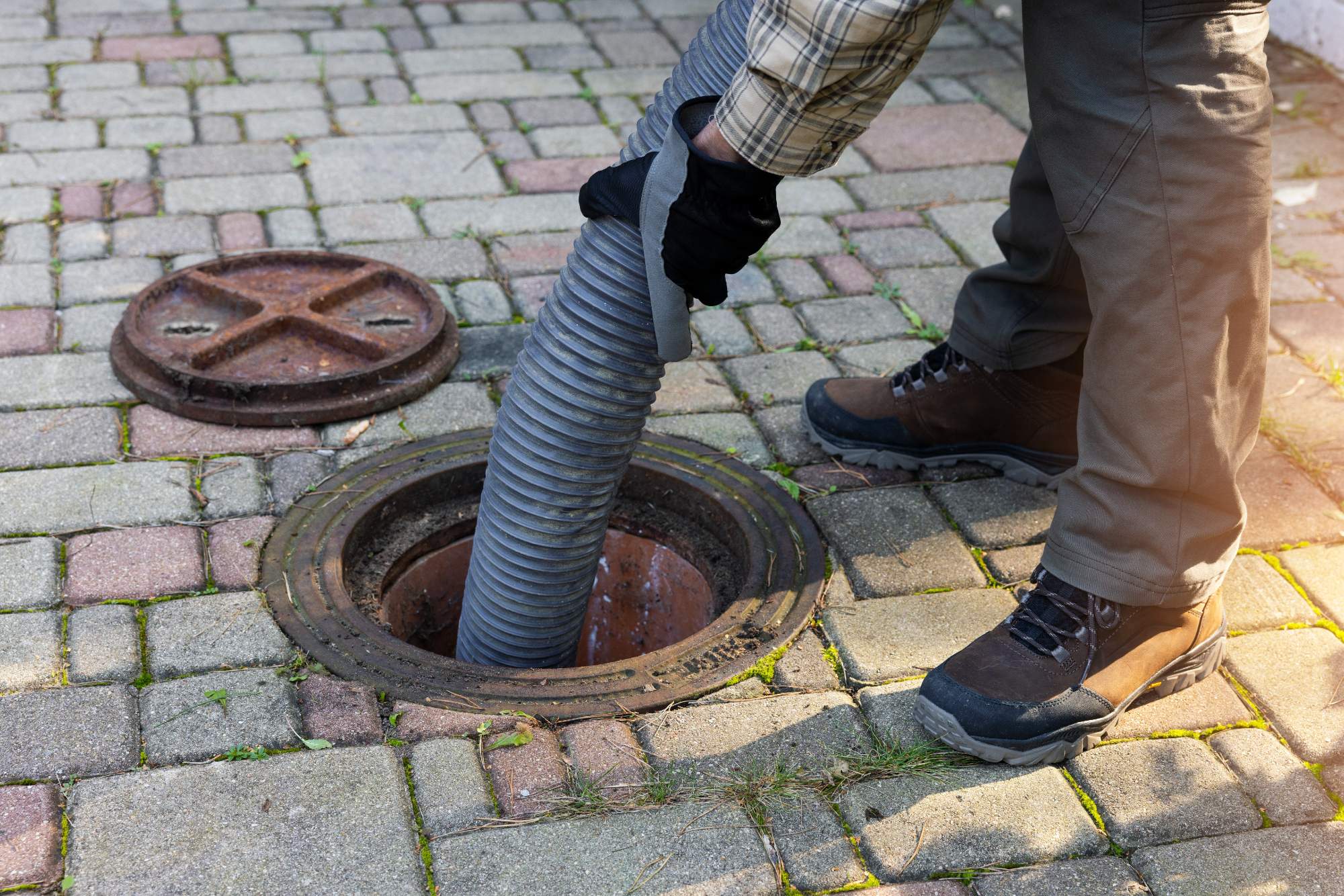 A person in work boots and gloves inserts a large hose into an open manhole on a stone-paved surface, with the manhole cover set aside nearby.
