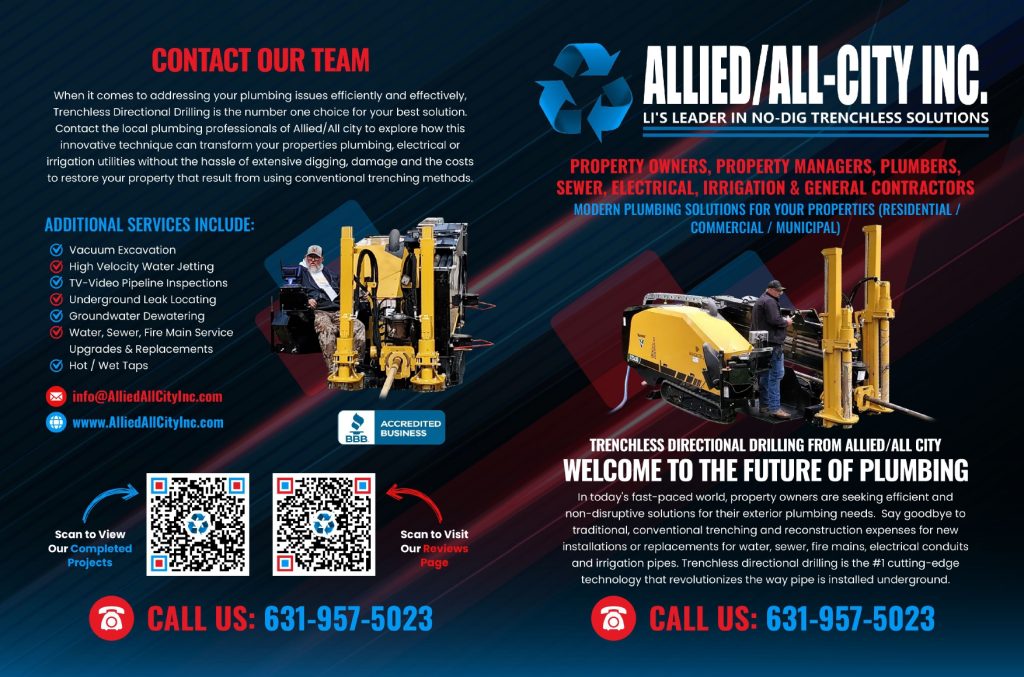 A promotional flyer for Allied/All-City Inc. features trenchless plumbing equipment images, contact details, QR codes, a services list, and bold text highlighting their no-dig plumbing solutions for various property types.