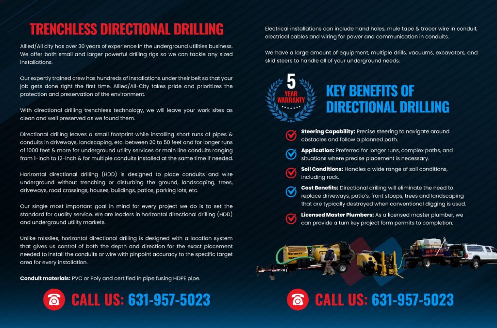 An informational flyer about trenchless directional drilling highlighting key benefits, contact information, images of drilling equipment, and offering a 5-year warranty. The design features blue and red colors with icons and technical illustrations.