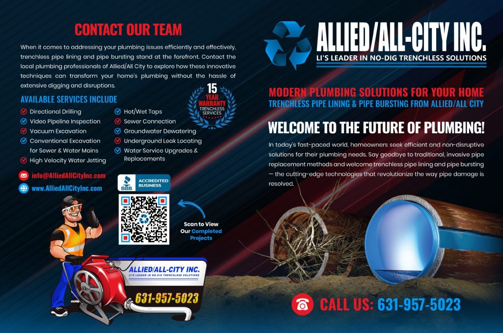 Promotional flyer for Allied/All-City Inc. plumbing, featuring contact details, service list, QR code, cartoon plumber, pipe repair illustration, and a blue pipe graphic, with blue, red, and white text on a dark background.