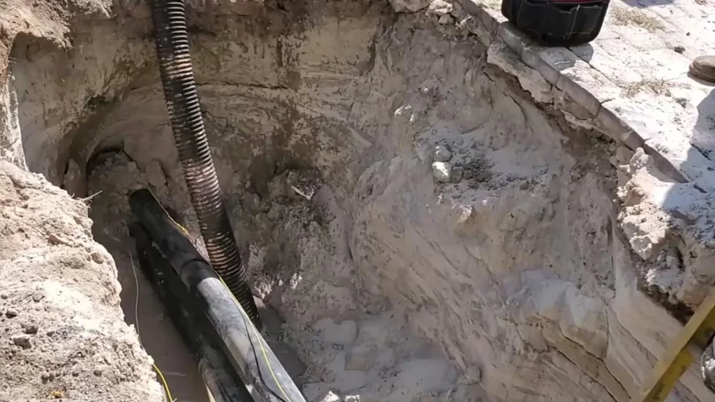 A deep, sandy excavation site with exposed soil layers and several black utility cables and pipes running along the walls and into the trench.