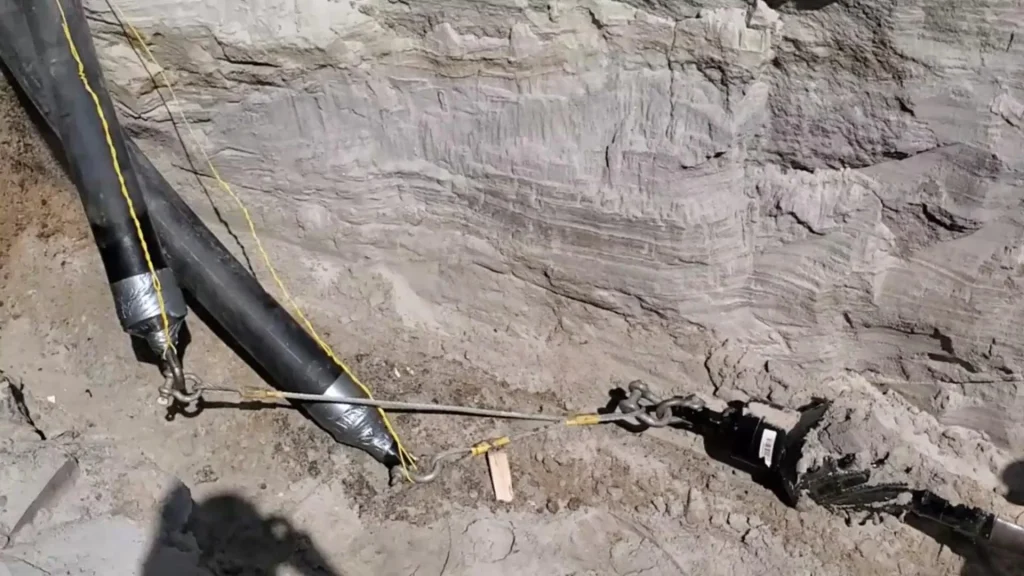 A close-up of an underground excavation site showing a large black hose secured with yellow ropes and a metal anchor, set against a layered dirt and rock wall.