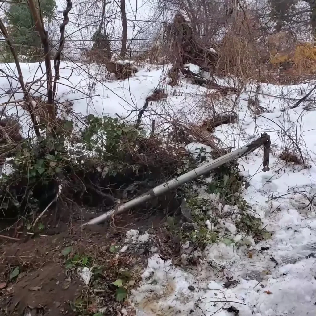 A broken metal pole lies on the snowy ground surrounded by bare trees, bushes, mud, and patches of green plants on a winter day.