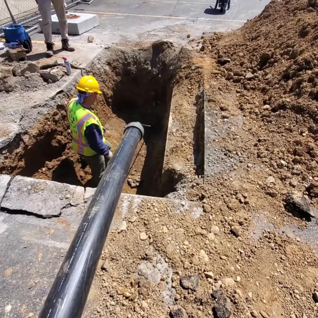 A construction worker in a yellow hard hat and safety vest is standing in a deep trench, guiding a large black pipe into the ground. Dirt piles surround the trench, and other workers are visible in the background.