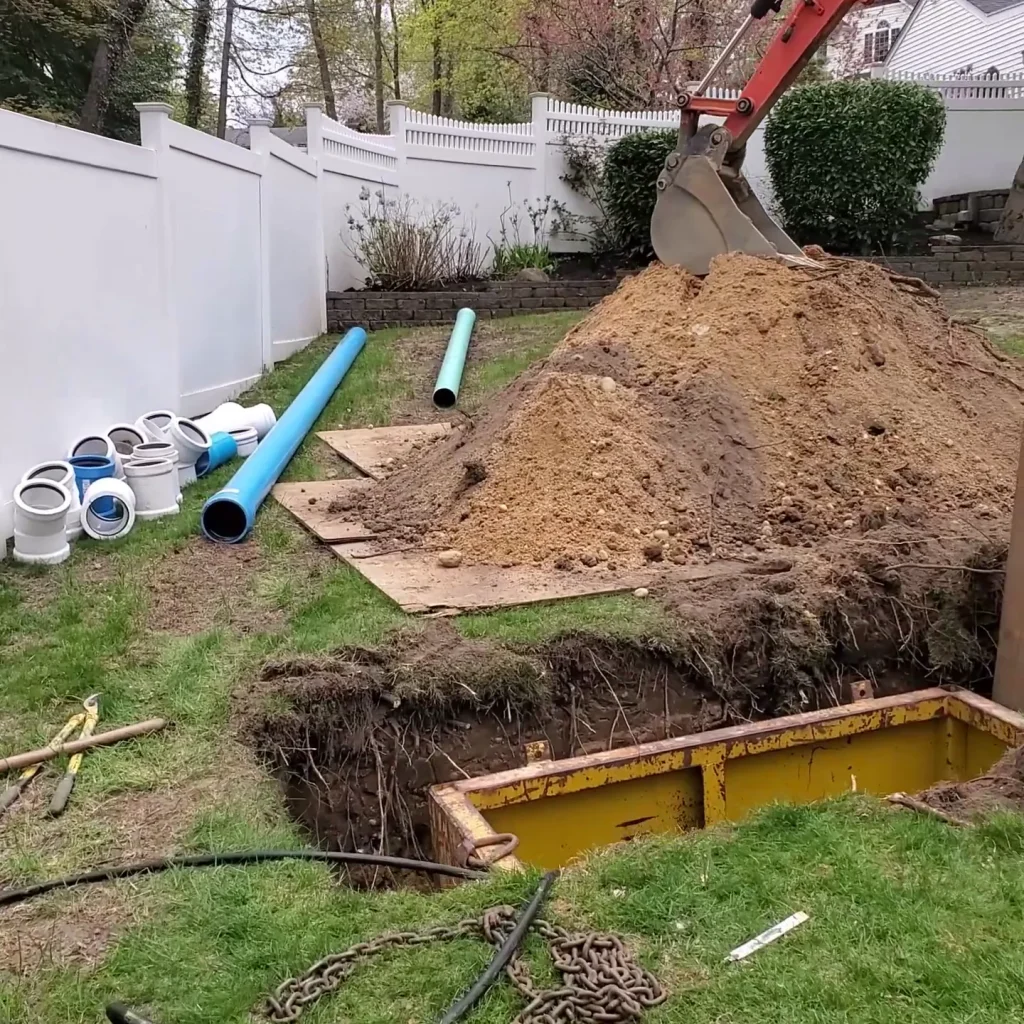 An excavator and a pile of dirt beside a dug trench in a backyard; nearby are blue pipes, white pipe fittings, and a white fence lining the yard.