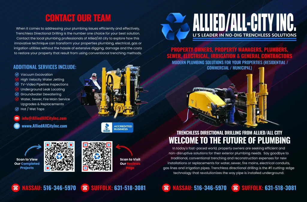 Promotional flyer for Allied/All-City Inc., a plumbing company in Long Island, NY, featuring trenchless equipment images, emergency plumbing services, contact details, company logo, an “Accredited Business” badge, and a focus on modern plumbing solutions.