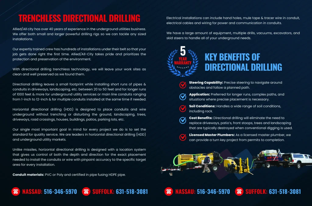 An informational flyer about trenchless directional drilling and emergency plumbing in Long Island, NY, featuring equipment images, key benefits icons, contact numbers, and detailed service descriptions on a blue and black background.