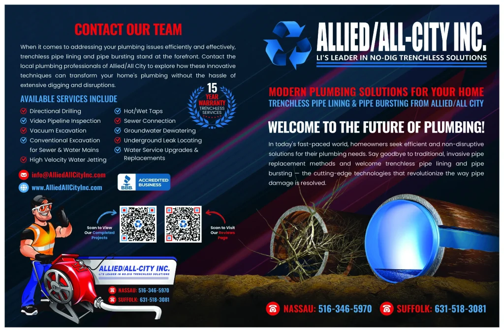 Promotional flyer for Allied/All-City Inc., a trenchless pipe repair company in Long Island, NY, featuring emergency plumbing services, contact details, a plumber cartoon, service list, QR codes, and bold text highlighting modern plumbing solutions.