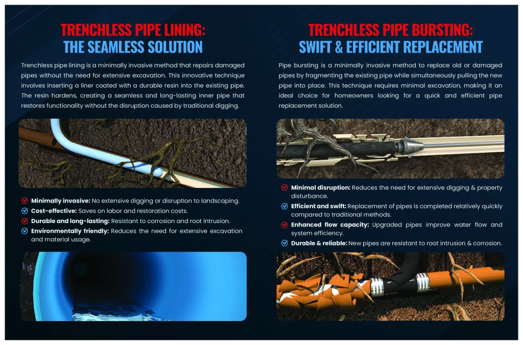 A side-by-side infographic compares trenchless pipe lining and trenchless pipe bursting, showing diagrams, bullet-point benefits, and brief descriptions—ideal for those seeking emergency plumbing in Long Island, NY.